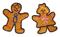 Cheerful gingerbread man with blue tie and gingerbread woman with pink bow in playful holiday design.