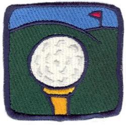 Vibrant cartoon golf ball on a yellow tee against green hills, colorful red flag, and blue sky.