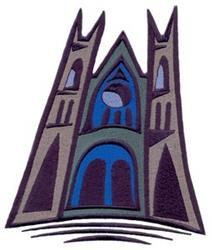 Abstract modern gothic tower archway with pointed towers and geometric shapes in deep blues and grays.