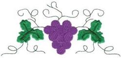 Vibrant grape cluster with rich purple grapes, bright green leaves, and swirling black vines.