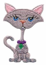 Whimsical gray cat with blue eyes and purple collar, designed with contrasting stitching for a playful touch.