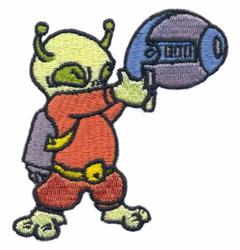 Cheerful green alien character in vibrant orange and purple costume with a ray gun, perfect for playful children's apparel.