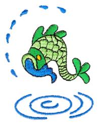 Playful green fish leaps from blue water ripples in vibrant cartoon style, perfect for kids' decor.
