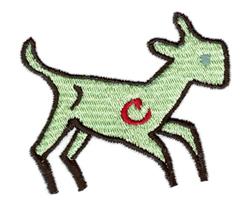 Playful green goat with brown outlines and a red letter 'C', showcasing a whimsical design.