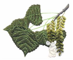 Naturalistic branch with vibrant green leaves and seed pods, showcasing textured stitching in rich detail.