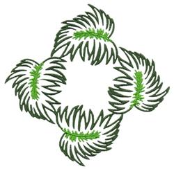 Decorative green leaf design featuring symmetrical curved shapes and varying shades of green in a lively circular arrangement