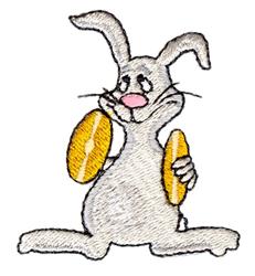 Cartoon grey bunny with pink nose holding shiny yellow coins, perfect for festive Easter celebrations.