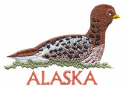 Realistic bird, possibly a grouse, with detailed brown and gray feathers, resting on grass and featuring 'ALASKA' in bold ora