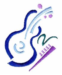 Vibrant guitar design with abstract blue tones, flowing musical notes, and a purple keyboard for music-themed events.