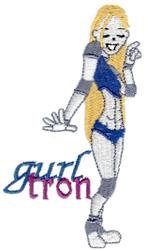 Playful female robot character named 'gurltron' with blonde hair, blue outfit, and gray robotic limbs in cartoon style.