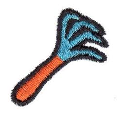 Gardening tool hand rake with a blue head and orange handle, in a playful embroidery style.
