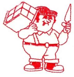 Playful cartoon handyman with a round face and red-and-white checkered cap, holding a toolbox and screwdriver.