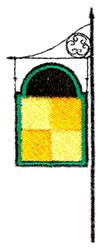 Hanging banner with a green border, bright yellow squares, and a sleek black pole, featuring a vibrant and simple design.