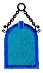 Hanging sign with a blue background, arched shape, and decorative black chain. Simple and bold design.