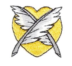 Colorful heart applique design featuring a vibrant yellow heart with crossed white feathers, perfect for Valentine's Day.