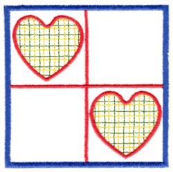 Colorful hearts in a playful design with yellow checks, red outlines, and a blue border, perfect for Valentine's Day.
