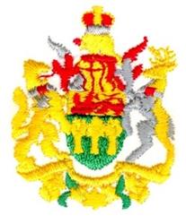 Heraldic crest featuring a vibrant shield and crown with intricate patterns in yellow, red, and green, adorned with silver ac