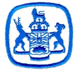 Heraldic emblem featuring a shield with a lion above, deer to the left, and human figure; detailed blue thread design.