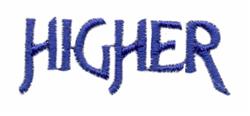 Bold typography design featuring the word 'HIGHER' in vibrant blue on a clean white background.