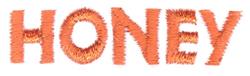 Bold text lettering 'HONEY' in vibrant orange with playful font and textured stitching.