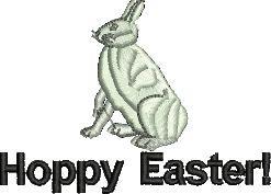 Cheerful rabbit in a light color sitting next to bold 'Hoppy Easter!' text, perfect for Easter celebrations.