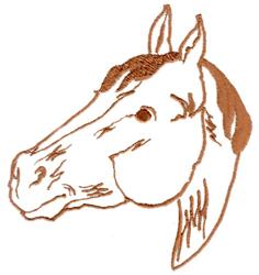 Simple line art horse head in profile, with brown outline showing calm expression, perfect for modern embroidery projects.