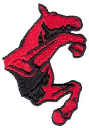 Stylized horse leaping in bold red with black outline, showcasing dynamic energy and movement.