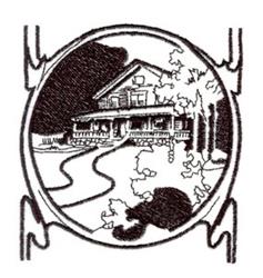 Detailed house with a sketchy outline, shaded trees, and a winding pathway in a circular frame.