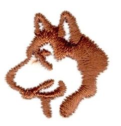 Applique husky head in playful cartoon style featuring pointy ears and a friendly expression in rich brown thread.