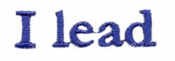 Text 'I lead' in playful font, deep blue color on contrasting background, machine embroidery design.