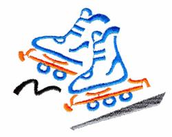 Playful blue ice skates with vibrant orange blades, outlined boldly, perfect for winter sports enthusiasts.