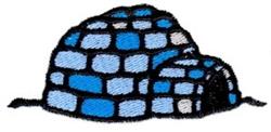 Cartoon igloo with blue and white blocks, bold black outline, and arched entrance in playful design.