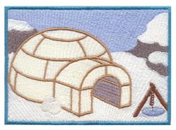 Cheerful igloo in playful style, surrounded by snow and mountains against a pale blue sky. Perfect for winter projects.