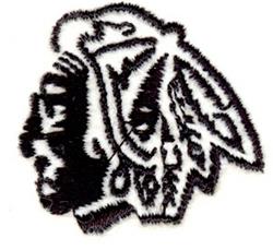 Indigenous warrior head in bold line art, featuring a black outline and intricate feather details.
