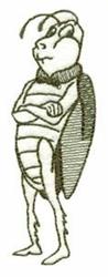 Whimsical cartoon insect character with exaggerated features, arms crossed, in shades of brown and beige.