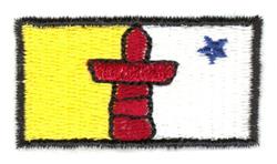 Red inukshuk on a yellow and white background with a blue star, simple and illustrative design.