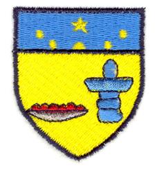 Vibrant shield emblem featuring a stylized inukshuk and red food on a yellow background with blue sky and stars, perfect for