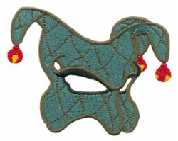 Playful jester hat in quilted blue fabric with red and yellow bells, featuring a whimsical diamond pattern, perfect for festi