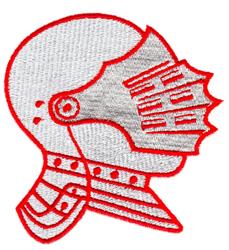 Stylized knight helmet with silver shades and a bold red outline, designed for machine embroidery.