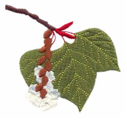 Detailed leaf with white blossoms and red ribbon, showcasing traditional seasonal design in vibrant colors.