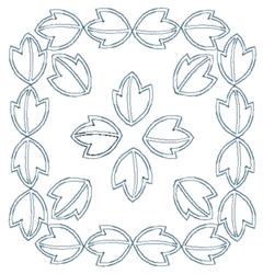 Elegant leaf motifs in a circular arrangement with delicate outlines in soft blue on white.