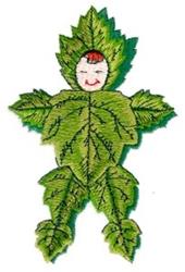 Playful leaf-covered doll with a smiling face, vibrant green leaves, and subtle red detail, perfect for spring.