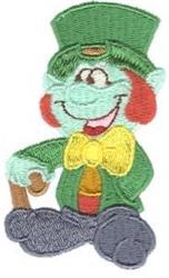 Cartoon leprechaun with a green hat, bright yellow bowtie, and blue pants, perfect for St. Patrick's Day celebrations.