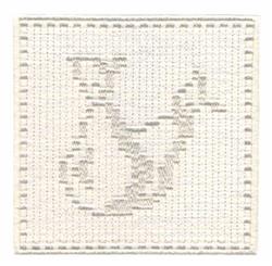 Stylized letter V in a simple design with a neutral background and straightforward stitching technique.