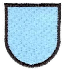 Light blue shield shape patch with smooth texture and black outline, perfect for customization and versatile applications.
