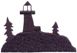 Stylized lighthouse silhouette on rocky terrain with deep purple hues, flanked by simplified pine trees.