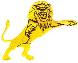 Cartoon lion in bright yellow with detailed fur, showcasing strength and energy, perfect for children's apparel.