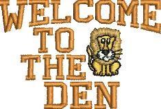 Playful lion character with a friendly expression, colorful 'WELCOME TO THE DEN' text, cheerful design.