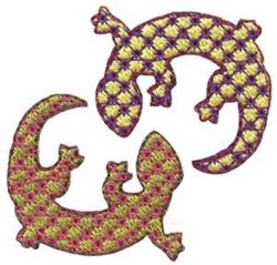 Colorful lizard duo with intricate embroidery, featuring vibrant purple, yellow, and pink hues.