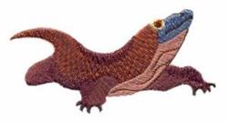 Realistic lizard with a brown body and vibrant blue head, showcasing textured scales in a lively pose.